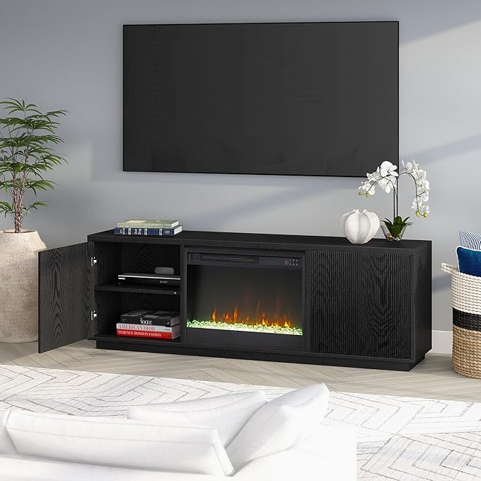 Henn&Hart Fluted TV Stand for TVs up to 75" with 26" Electric Crystal Rocks Fireplace and Ribbed Side Storage Cabinets for Living Room, Family Room, or Office, Natural Black