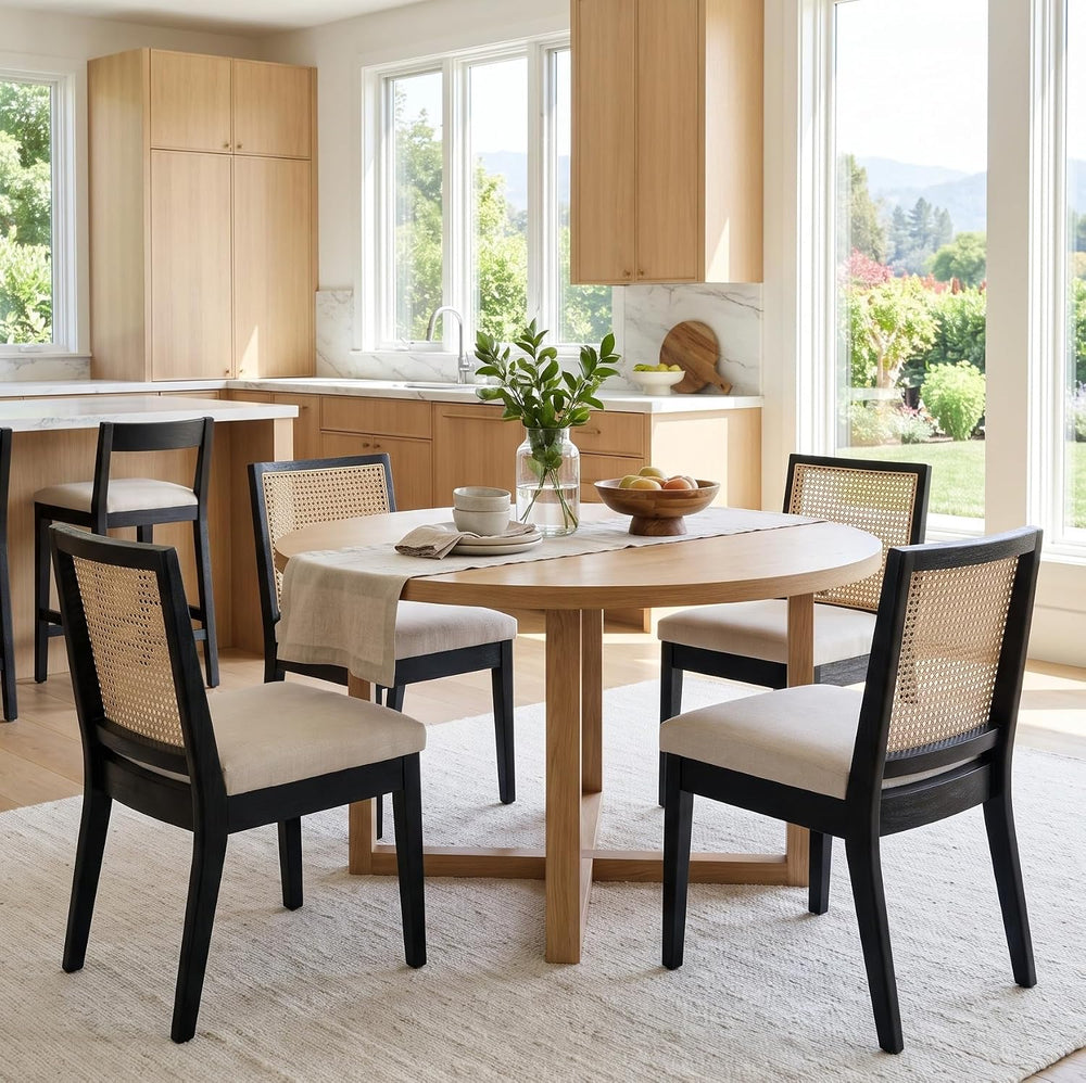 BESTANO Farmhouse Rattan Black Wood Dining Chairs Set of 4 with Cane Back