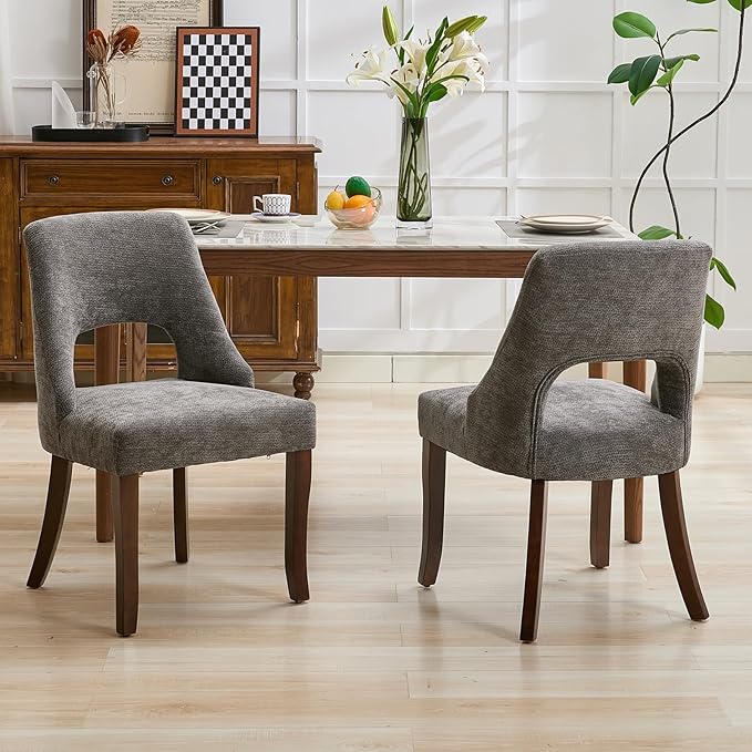 UVV Wooden Dining Chairs Set of 2, Mid Century Modern Upholstered Dining Room Chair Kitchen Chairs, Chenille Dinner Chair with Solid Wood Legs for Kitchen Dining Room, Dark Grey