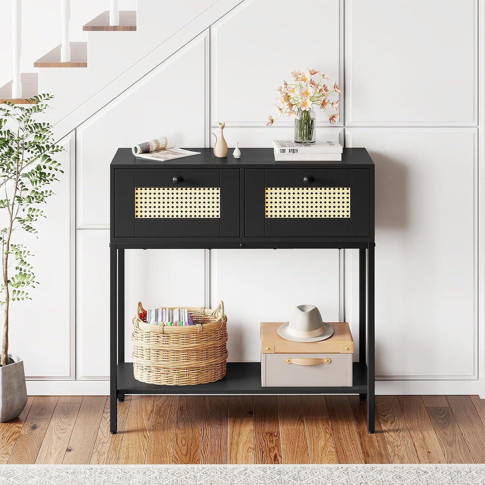 GIANTEX Rattan Console Table, 32" Boho Entryway Table with 2 Drawers | M...