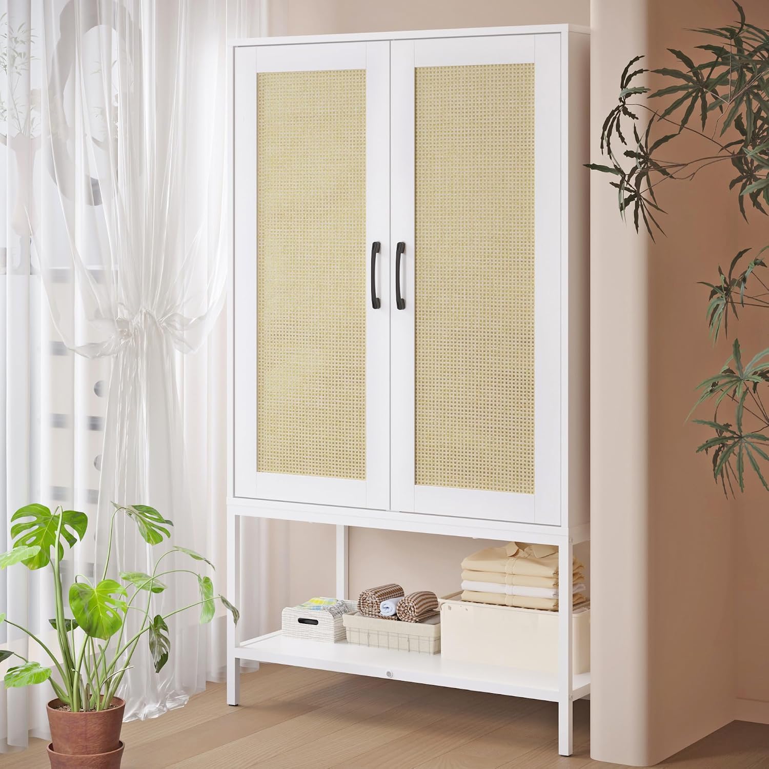 Wardrobe Closet, Wooden Closet Organizers with 2 Doors and Bottom Storage Shelf for Bedroom, Almirah for Clothes, Rattan Wardrobe Cabinet with Hanging Rail and Soft Hinge, Metal Leg(White)