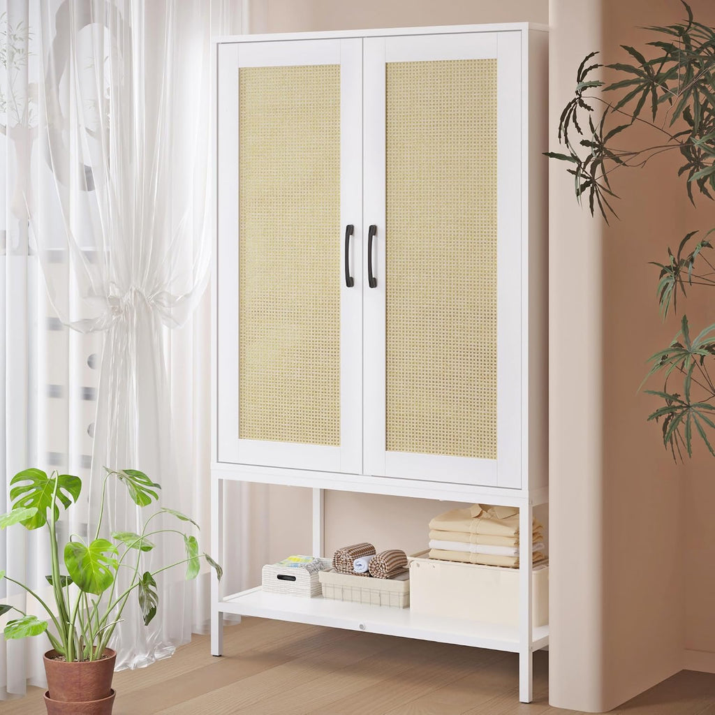 Wardrobe Closet, Wooden Closet Organizers with 2 Doors and Bottom Storage Shelf for Bedroom, Almirah for Clothes, Rattan Wardrobe Cabinet with Hanging Rail and Soft Hinge, Metal Leg(White)