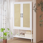 Wardrobe Closet, Wooden Closet Organizers with 2 Doors and Bottom Storage Shelf for Bedroom, Almirah for Clothes, Rattan Wardrobe Cabinet with Hanging Rail and Soft Hinge, Metal Leg(White)