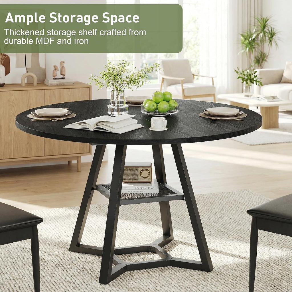 knoworld Round Dining Table for 4-6 with Storage Shelf, Kitchen & Dining Room Circle Pedestal Table, Heavy Duty Metal Frame & Wood Top