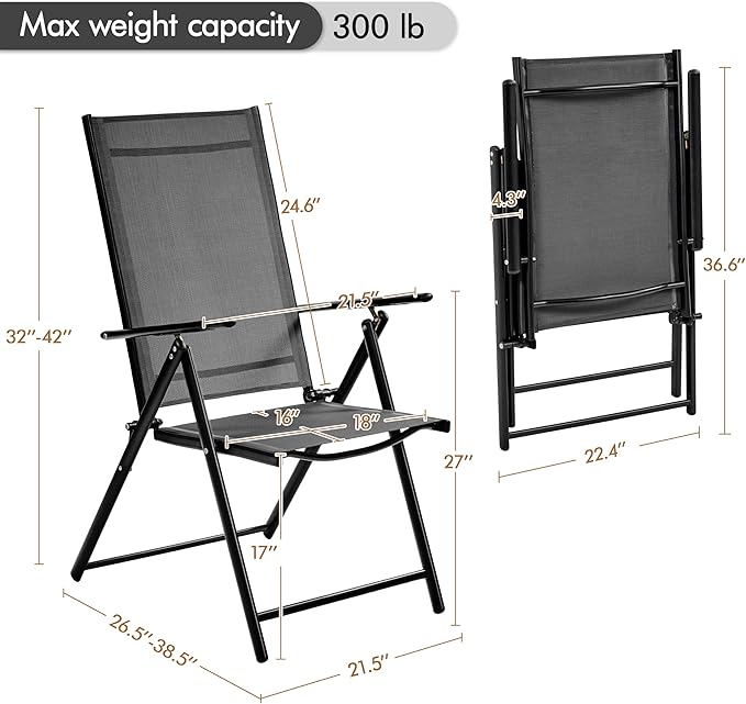 Yaheetech Patio Folding Dining Chairs Set of 2, Stackable Outdoor Lawn Chairs with 8 Adjustable Back Positions and Armrest for Garden, Lawn, Yard and Beach, Dark Gray