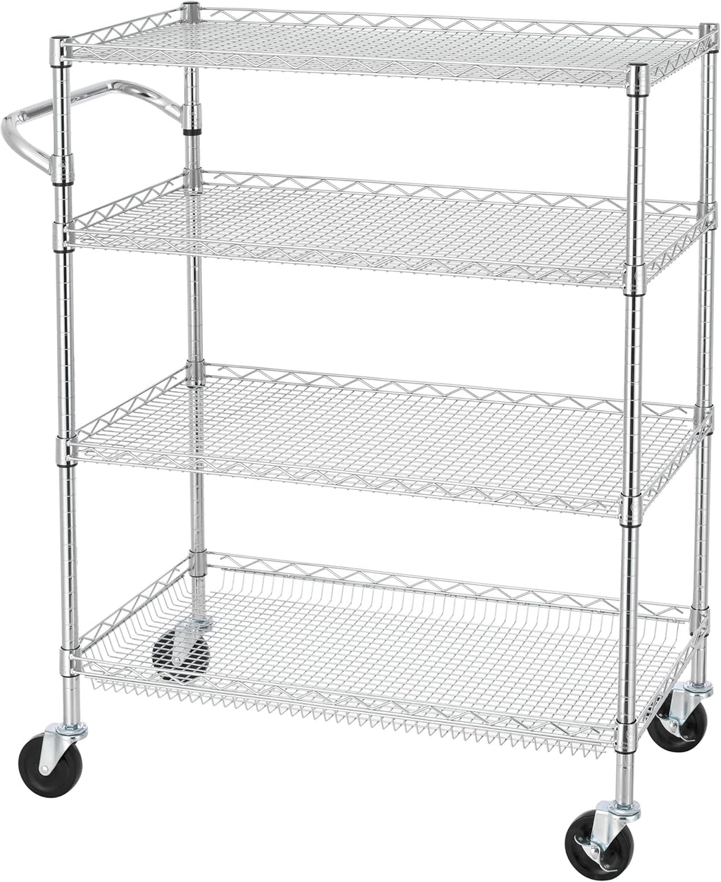 Finnhomy 4 Tier Heavy Duty Commercial Grade Rolling Cart with Handle Bar, Metal Wire Utility Cart with Wheels, Kitchen Service Trolley on Wheels, Shelf Size 18" D x 36" W, NSF, Chrome