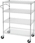 Finnhomy 4 Tier Heavy Duty Commercial Grade Rolling Cart with Handle Bar, Metal Wire Utility Cart with Wheels, Kitchen Service Trolley on Wheels, Shelf Size 18" D x 36" W, NSF, Chrome