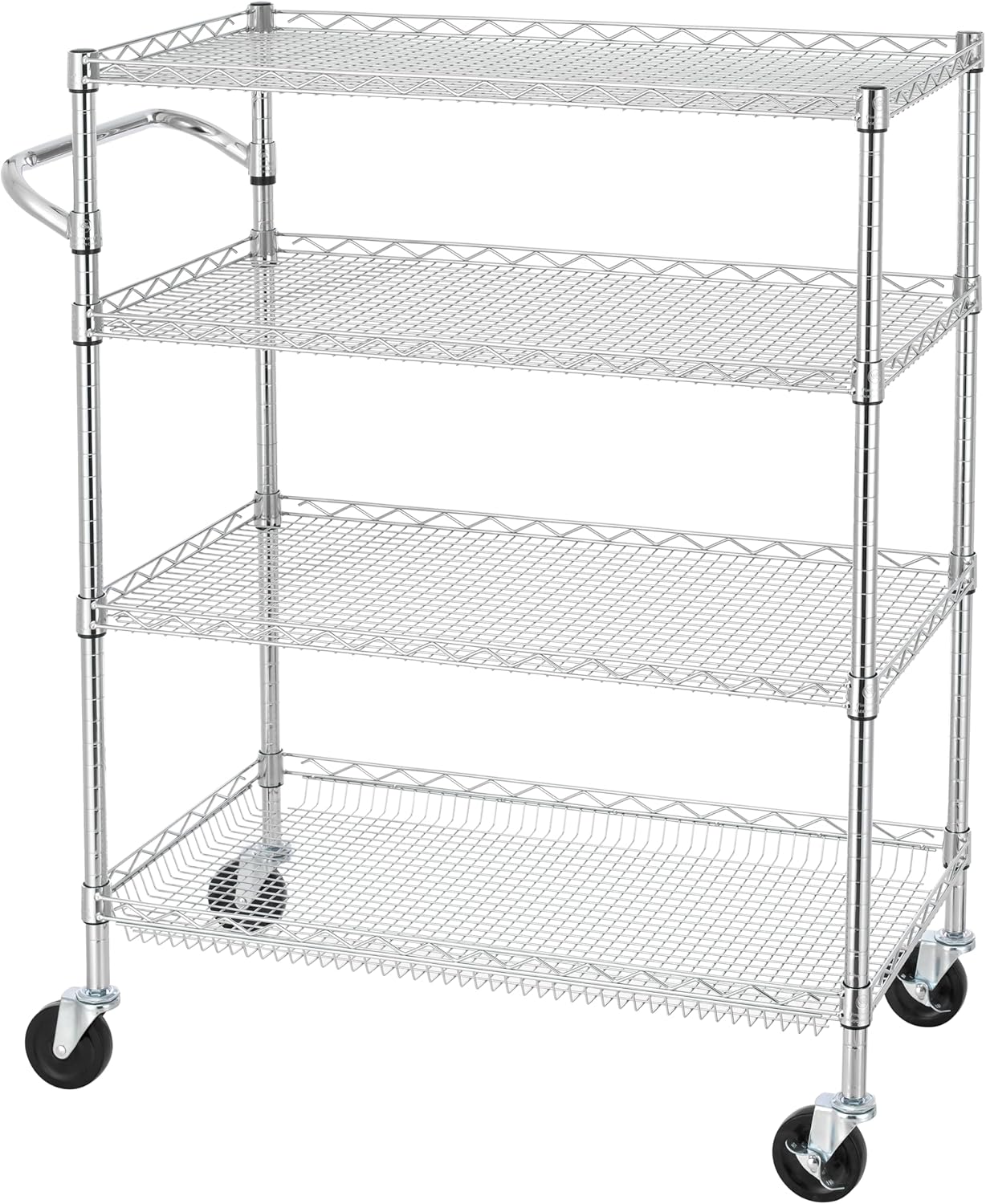 Finnhomy 4 Tier Heavy Duty Commercial Grade Rolling Cart with Handle Bar, Metal Wire Utility Cart with Wheels, Kitchen Service Trolley on Wheels, Shelf Size 18" D x 36" W, NSF, Chrome