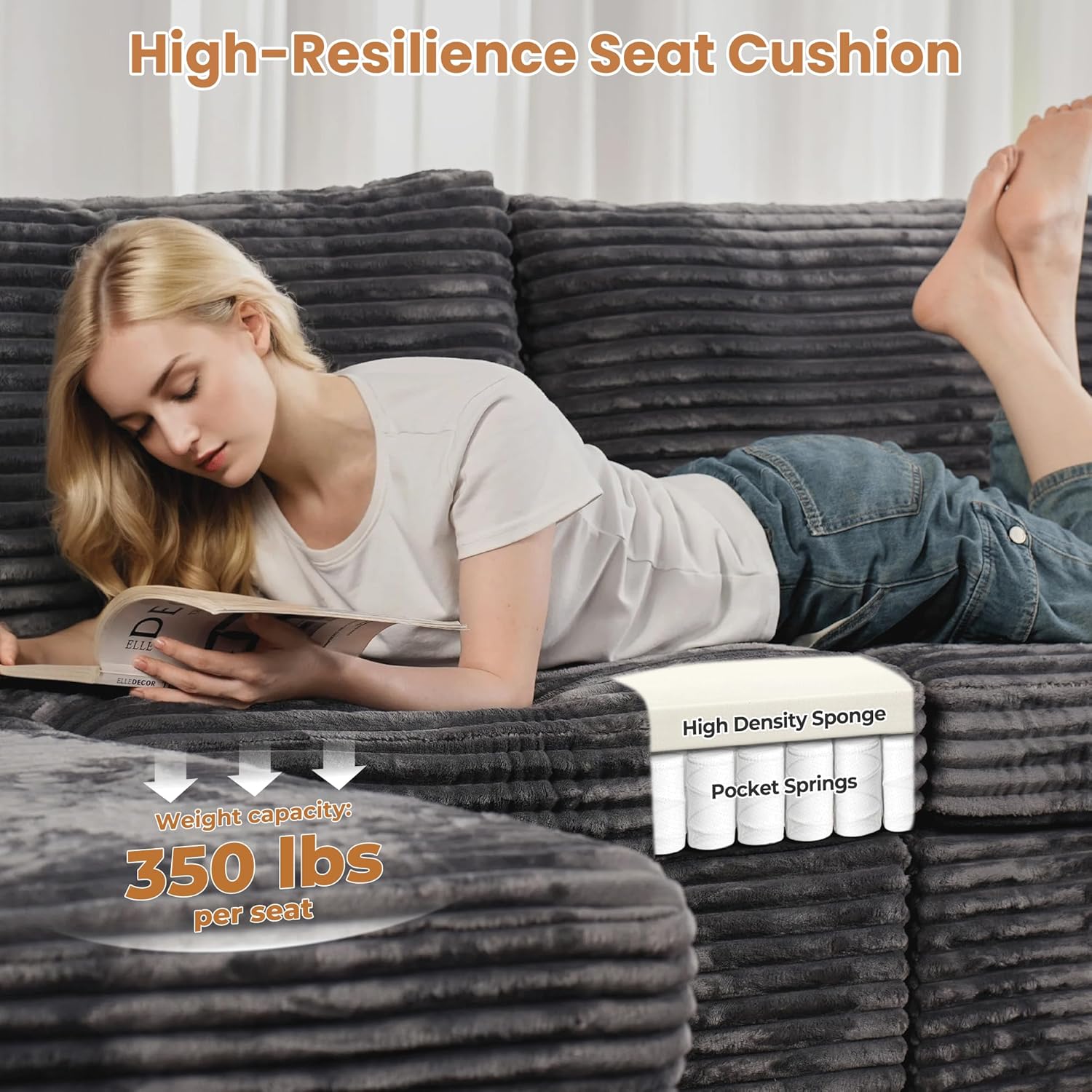 ovios Modular Sectional Sofa Couch with U-Shape Chaise Ottomans, Comfy Plush Corduroy Cloud Couches, Modern Luxury Deep Seat Sofas Set for Living Room, 9-Seater, Grey