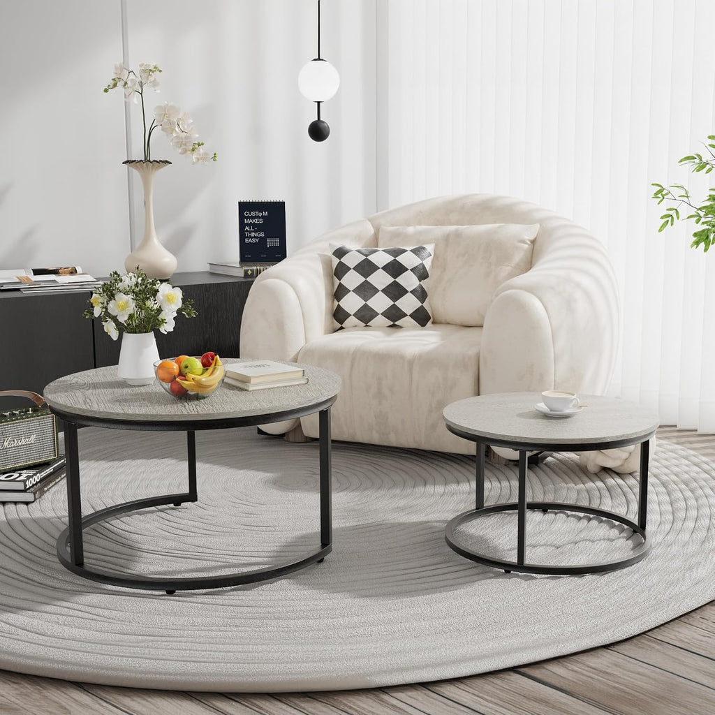 Otterease Nesting Tables Set of 2, 31.5" Round Coffee Table, Large Nesting Coffee Table with Adjustable Non-Slip Fee, Wood Grain Top Nesting Tables for Living Room, Bedroom (Wood Grain Grey)