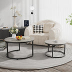 Otterease Nesting Tables Set of 2, 31.5" Round Coffee Table, Large Nesting Coffee Table with Adjustable Non-Slip Fee, Wood Grain Top Nesting Tables for Living Room, Bedroom (Wood Grain Grey)