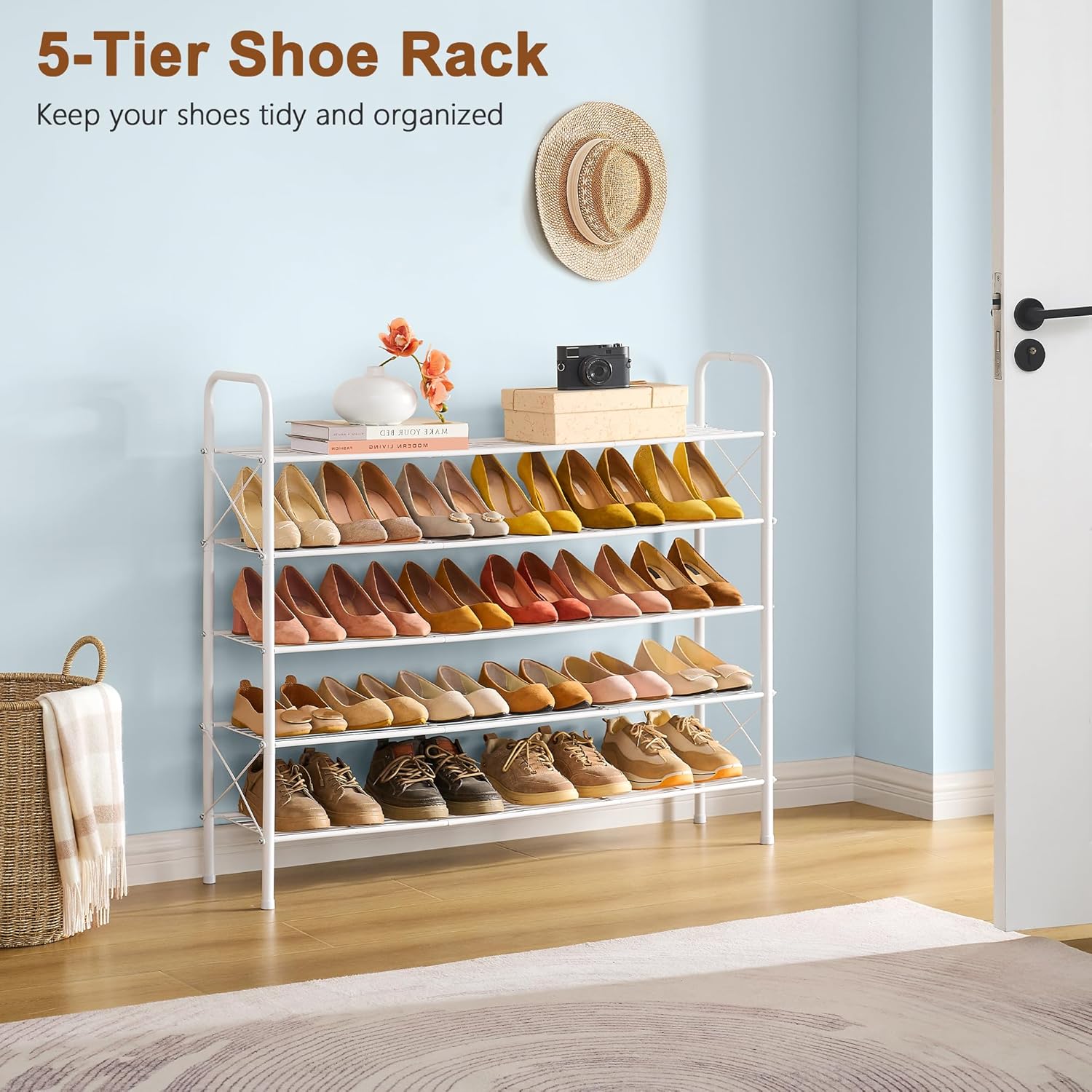 Hoctieon 5 Tier Shoe Rack for Closet, Durable Mesh Style Shoe Rack, Entryway Shoe Shelf, Shoe Storage Organizer for Hallway, Bedroom, Living Room, Wardrobe, White