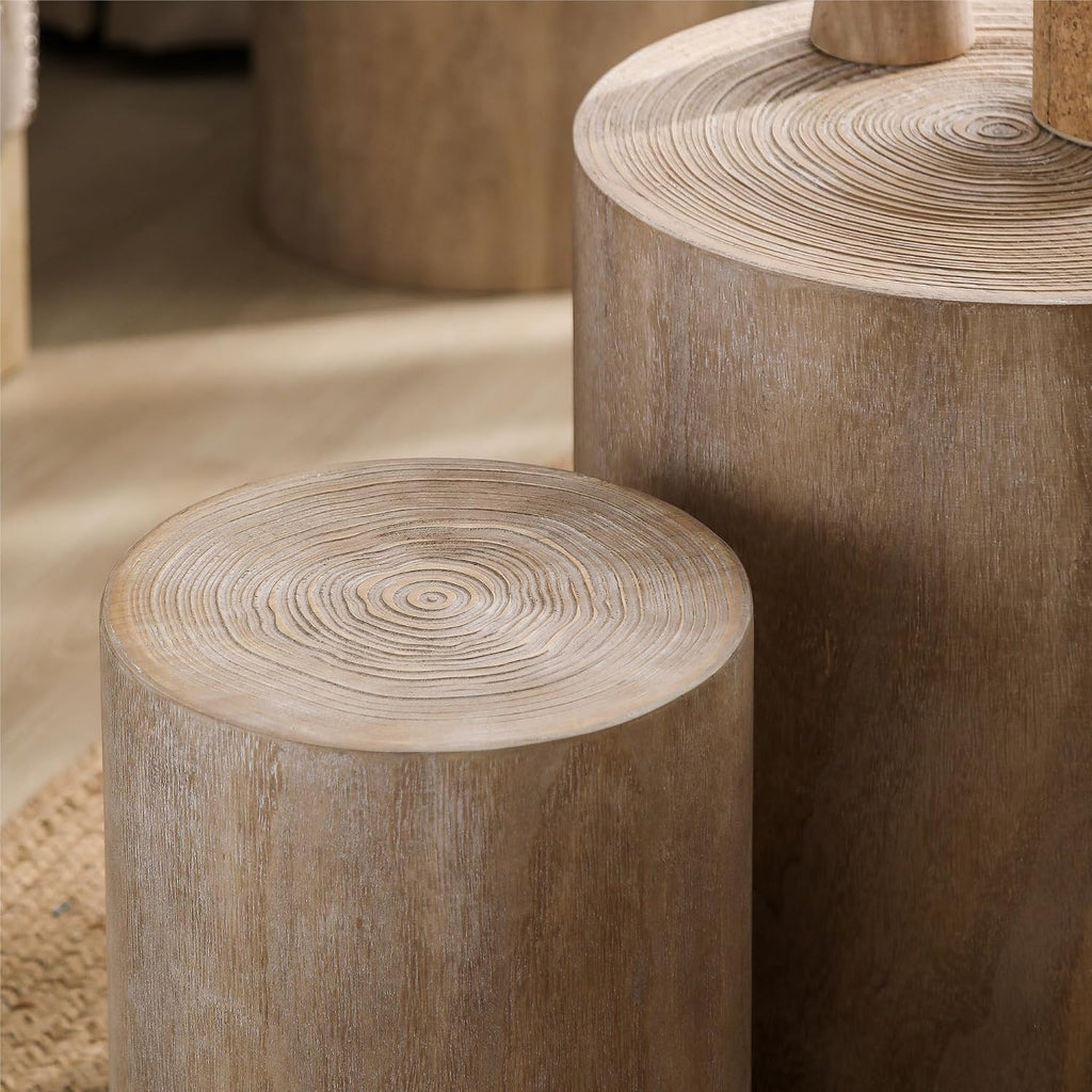 Round Nesting Small Coffee Table Side Table End Set of 3 for Living Room Bedroom, Farmhouse Countryside Style, No Assembly, Natural Wood