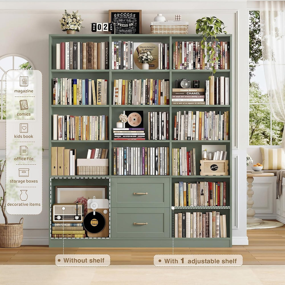 HOSTACK 71" Tall Triple Wide Bookshelf with Storage Drawers & Doors,...