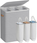 SONGMICS Laundry Basket, 50.2 Gal. Laundry Hamper, 3 Compartments, Easy Assembly, with Lid and Handles, Removable Liners, 25.2 x 15.7 x 29.5 Inches, Dove Gray ULCB814GD01