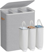 SONGMICS Laundry Basket, 50.2 Gal. Laundry Hamper, 3 Compartments, Easy Assembly, with Lid and Handles, Removable Liners, 25.2 x 15.7 x 29.5 Inches, Dove Gray ULCB814GD01