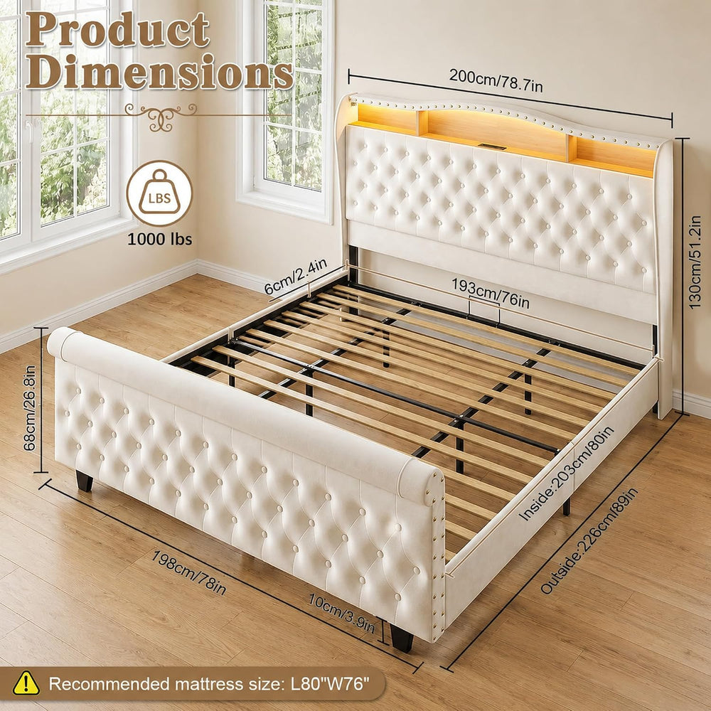 King Size Bed Frame with 51.2" Tall Lighted Storage Headboard and Chargi...