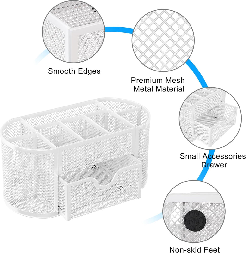 EasyPAG Mesh Pen Holder Desk Organizer with Drawer Stationery Supplies Organizer for Dorm School 9 Compartments Workspace Desk Accessories Organization for Office, White