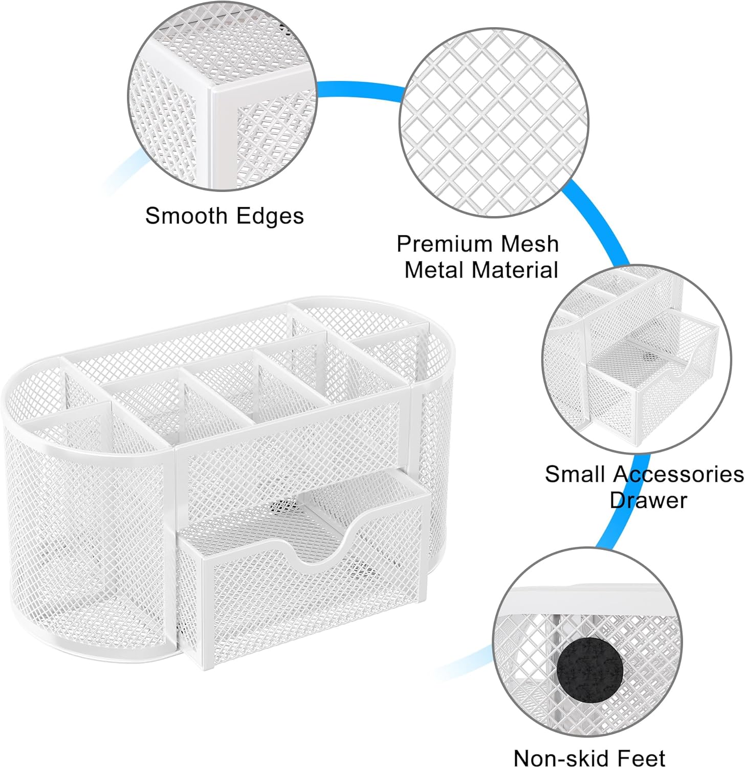 EasyPAG Mesh Pen Holder Desk Organizer with Drawer Stationery Supplies Organizer for Dorm School 9 Compartments Workspace Desk Accessories Organization for Office, White