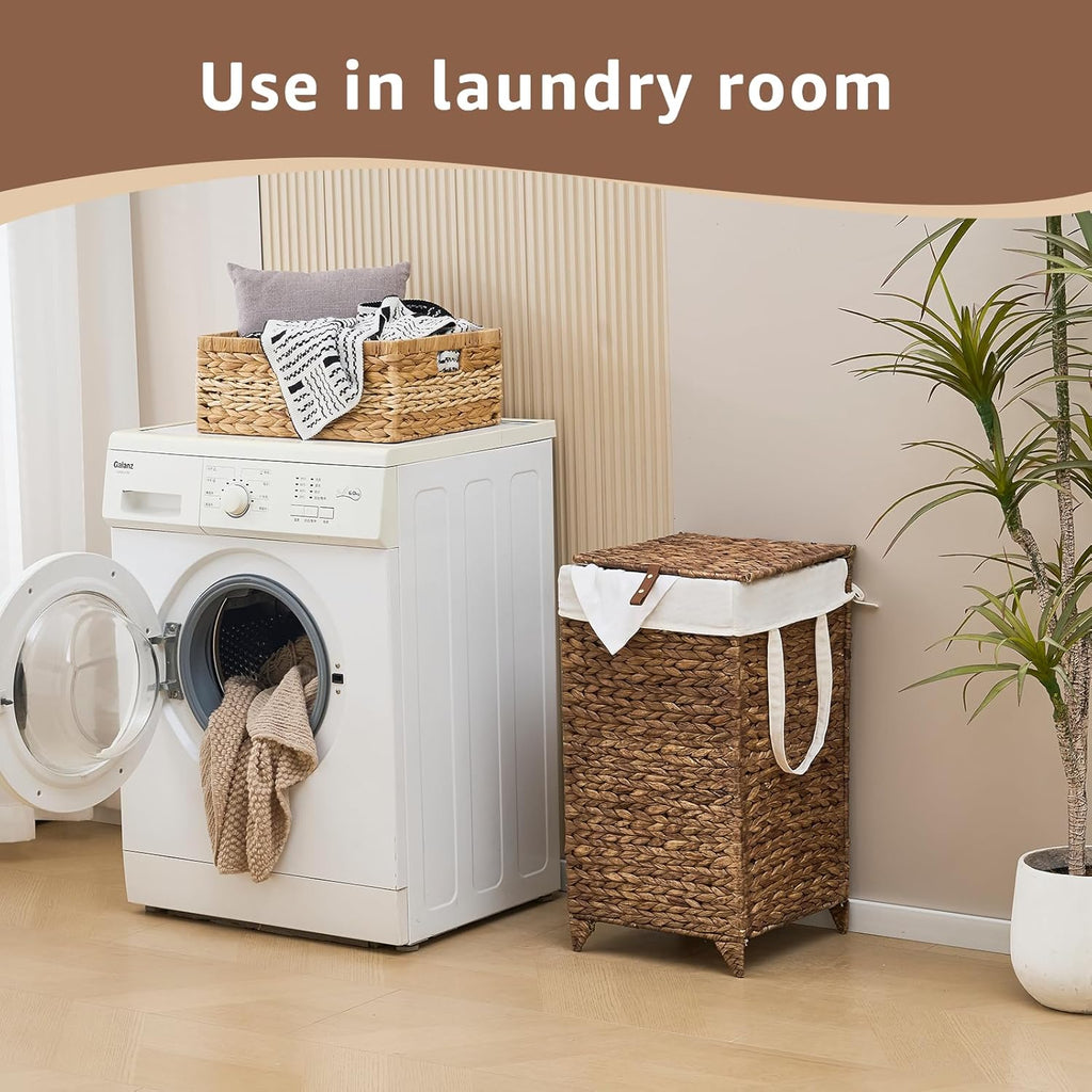 Laundry Hamper with Lid and Removable Liner Bag, Handwoven Natural Hyacinth Clothes Hamper with Heightened Feet, Wicker Laundry Basket for Clothes and Towels，Small