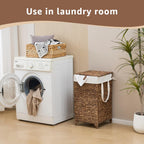 Laundry Hamper with Lid and Removable Liner Bag, Handwoven Natural Hyacinth Clothes Hamper with Heightened Feet, Wicker Laundry Basket for Clothes and Towels，Small