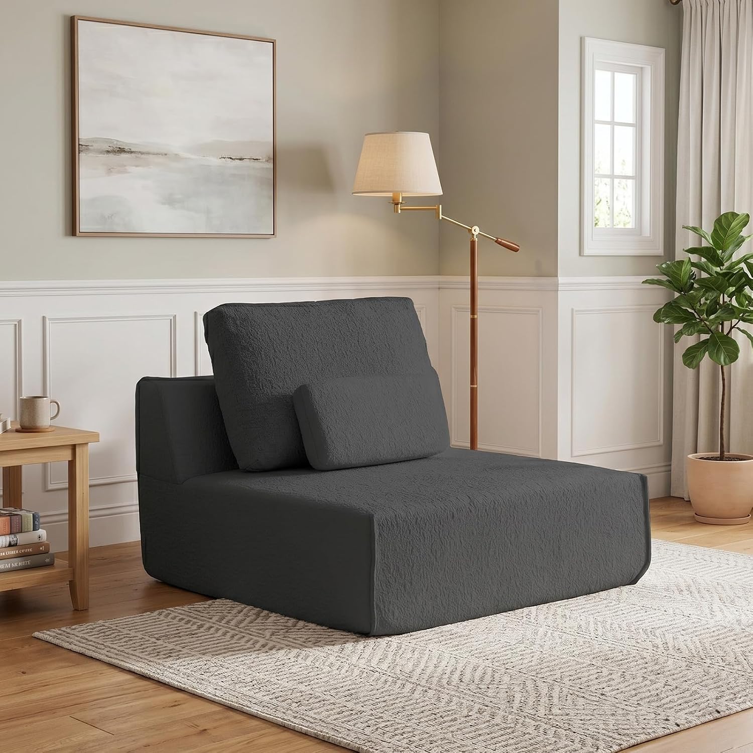 Floor Sofa Chair, Boneless Couch Single-Seater for No Assembly | 32" Deep Seat Compressed Foam Lounge Chair with Back Pillow and Side Pillow | Chenille | Memory Foam | Dark Gray
