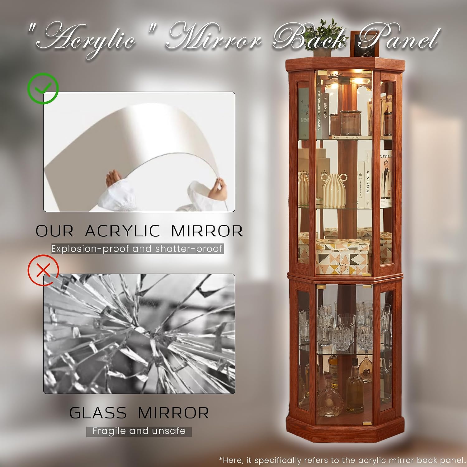 Corner Curio Cabinet, 70" H Lighted Glass Display Cage with Tempered Glass Doors and Adjustable Shelves, Bulb Inclued, Wine Bar China Cabinet for Living Room Liquor Storage (Dark Oak)