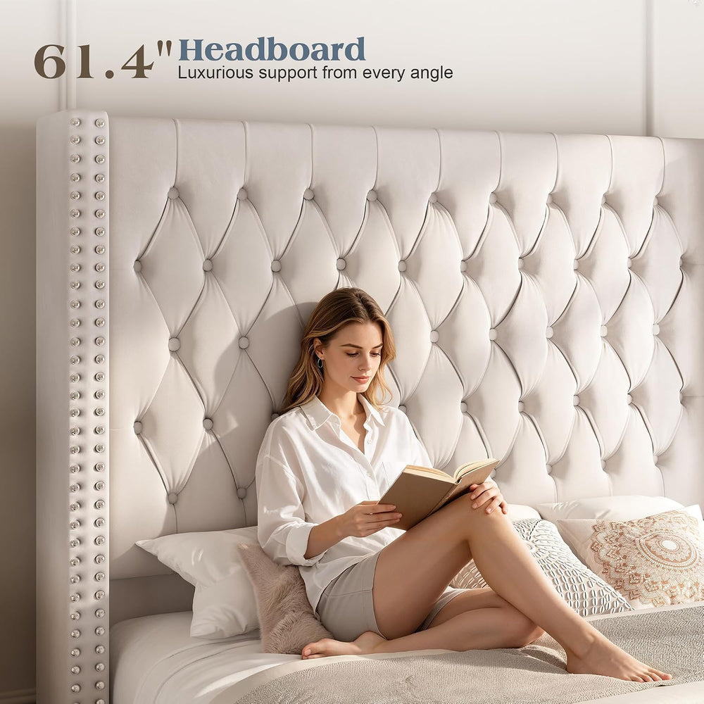 PaPaJet Queen Bed Frame 61.4" Tall Upholstered Wingback Headboard, Cream