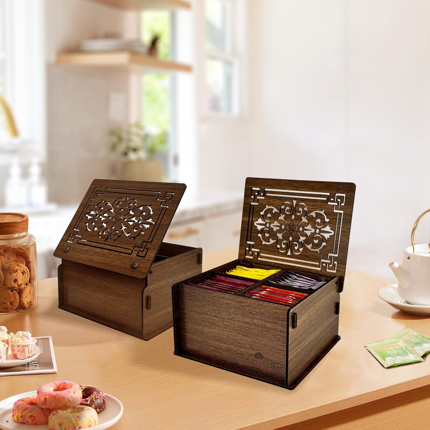RoyalHouse Premium Wood Tea Storage Box Organizer, Tea Bag Holder Containers (Brown), Eco-Friendly Multi-Functional Decorative Box, 4 Compartments For Assorted Variety Of Small Items | Eco Friendly Design,Functional Organizer,Perfect for Tea Bags & Small