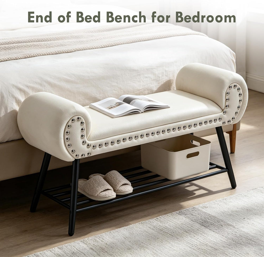 45" Entryway Bench with Shoe Storage，Modern Bedroom Velvet Fabric Uphols...