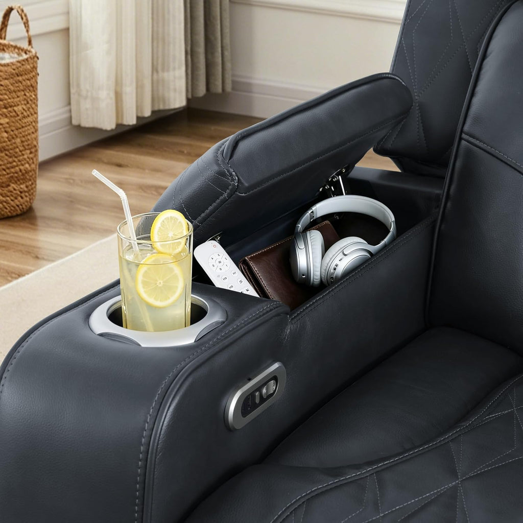 Breathing Leather Power Reclining Sofa Set, Living Room Furniture Set with Recliners, Leather Couch Loveseat and Chair with LED Lights/USB Ports/Storage (Black Gray, 3-Seat Sofa)