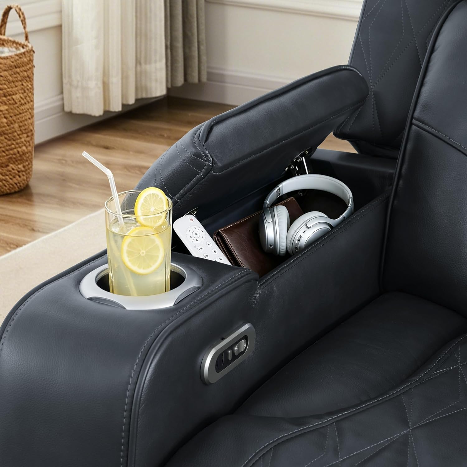 Breathing Leather Power Reclining Sofa Set, Living Room Furniture Set with Recliners, Leather Couch Loveseat and Chair with LED Lights/USB Ports/Storage (Black Gray, 3-Seat Sofa)
