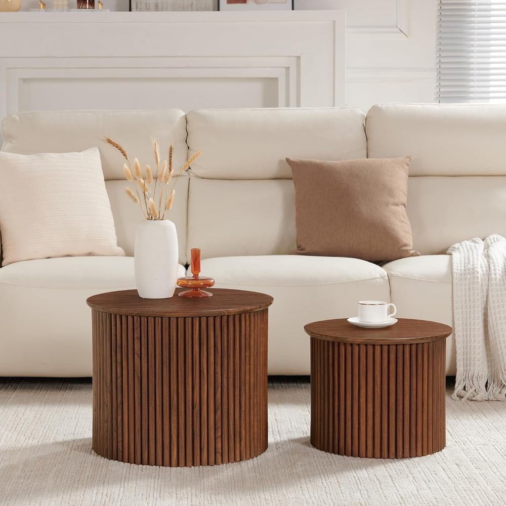 Small Fluted Round Nesting Coffee Table Set of 2, Mid Century Modern Coffee T...