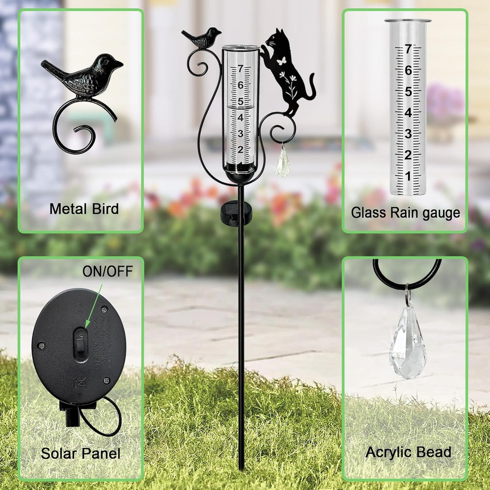 Rain Gauge Outdoor Decorative,Metal Black Cat Solar Lights Outdoor Garden