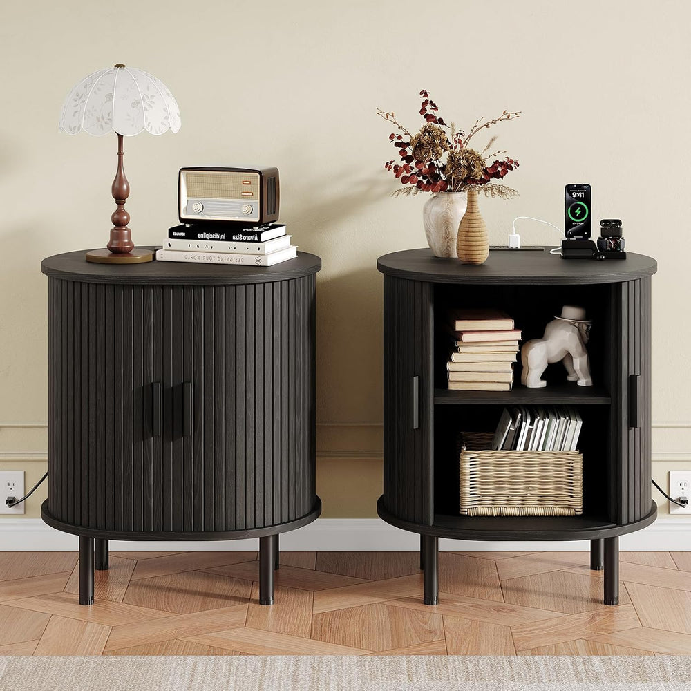 Oval End Table with Charging Station & Sliding Door, Mid-Century Modern S...