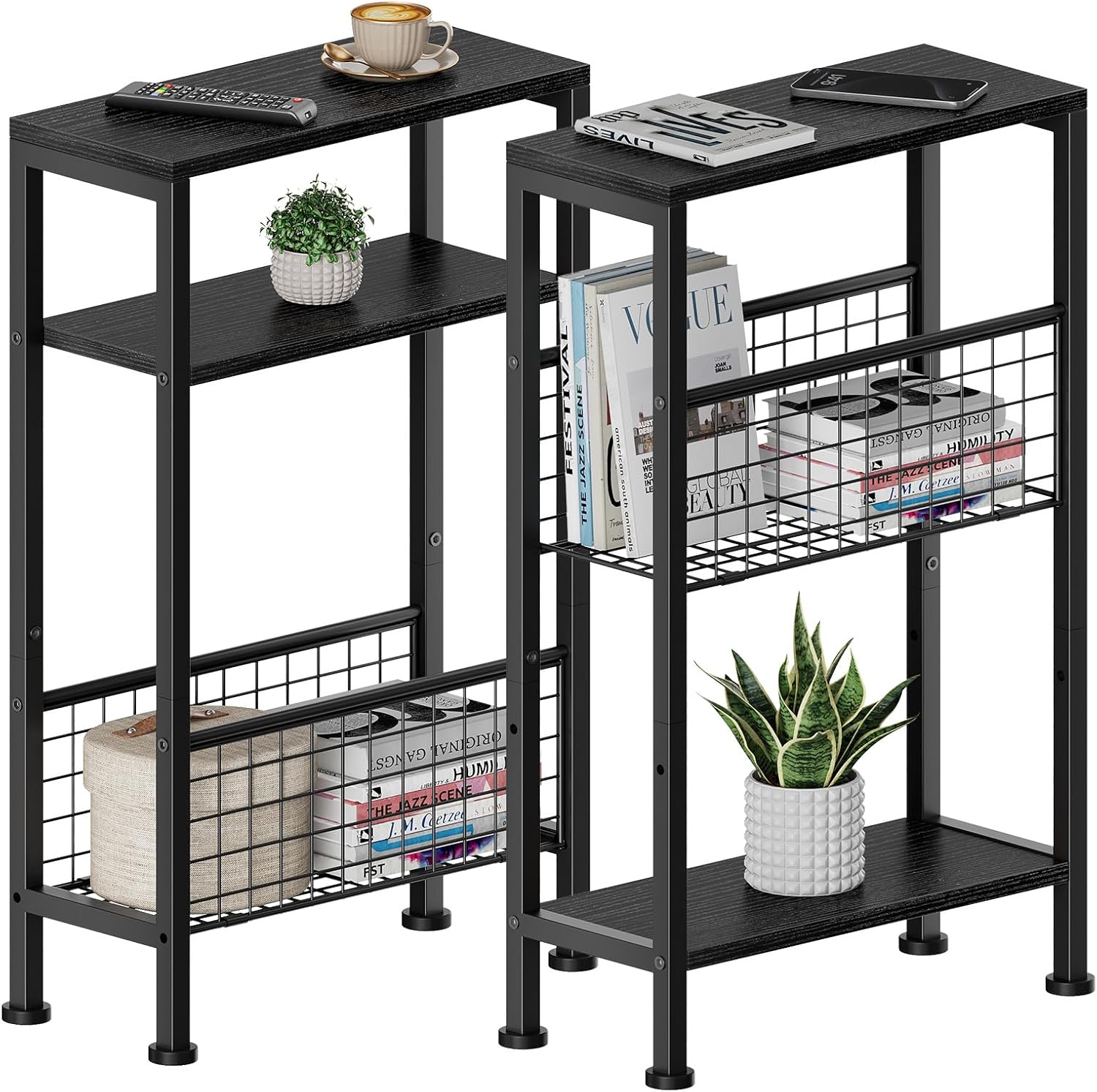 Karii Narrow Side Table, Skinny End Table for Small Spaces with Storage, 3-Tier Slim Wooden Bedside Nightstand Thin Couch Table for Living Room Bedroom Office Dorm Kitchen Bathroom (2, Black)
