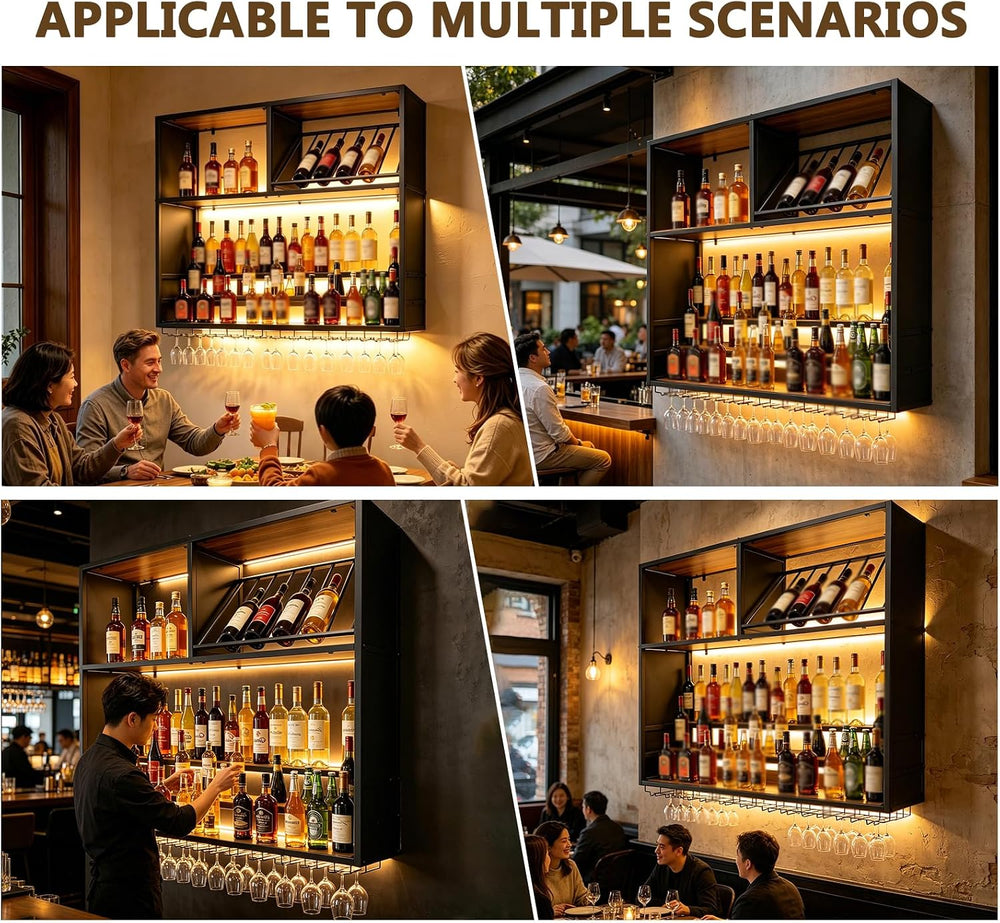 63in Large Wall Mounted Wine Rack with LED Lights, Metal & Wood Floating ...