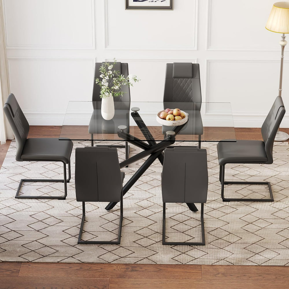 Glass Dining Table Set for 6, 63“ Dining Room Table Set,Rectangle Tempered Gl...