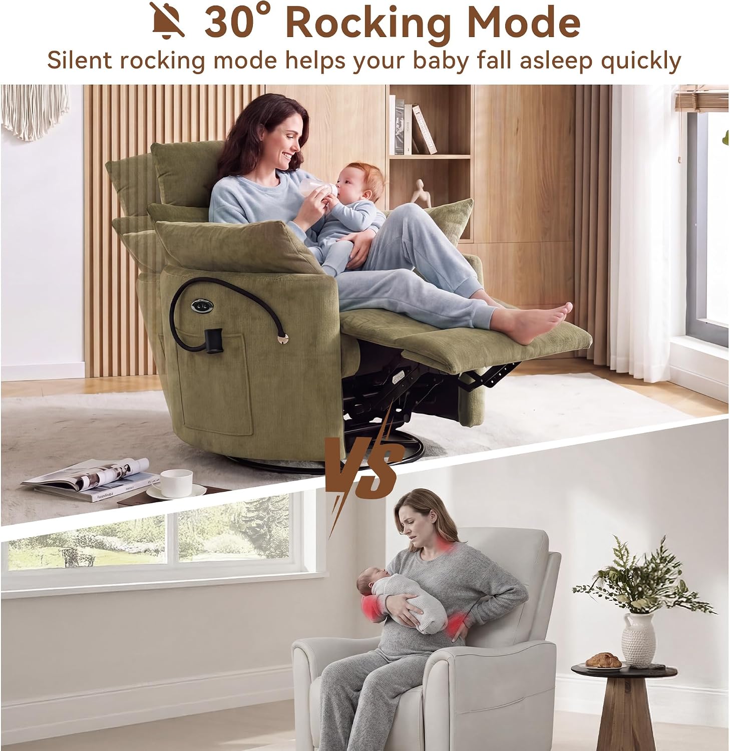FOXHUNTER 300° Swivel Power Nursery Rocking Glider Chairs, Chenille Green | 30° Rocking Mode, USB Charging Port, Phone Holder, Adjustable Headrest, 2 Cushions, 2 Side Pockets, for Living Room Bedroom