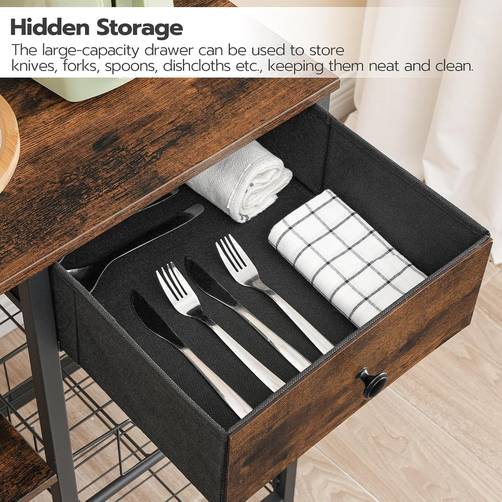 HOOBRO Bakers Rack with 4 AC Power Outlets, 5-Tier Coffee Bar with Wire Basket, Microwave Stand with Paper Holder and Drawer, Kitchen Storage Shelf, Rustic Brown and Black BF84UHB01