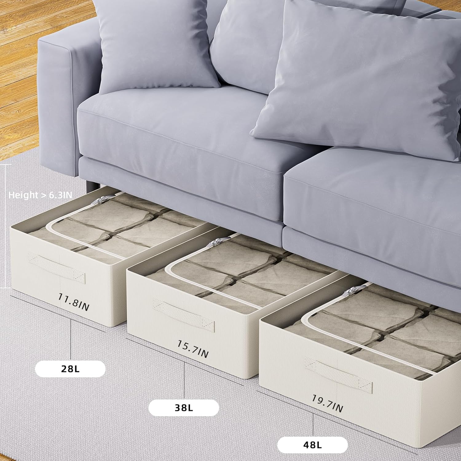 CYhom Under Bed Storage Bins Frame Storage Box Oxford Fabric Sturdy Underbed Container Foldable Stackable Large Capacity Clothes Organizer (Beige, 23.6" x 19.7" x 6.3")