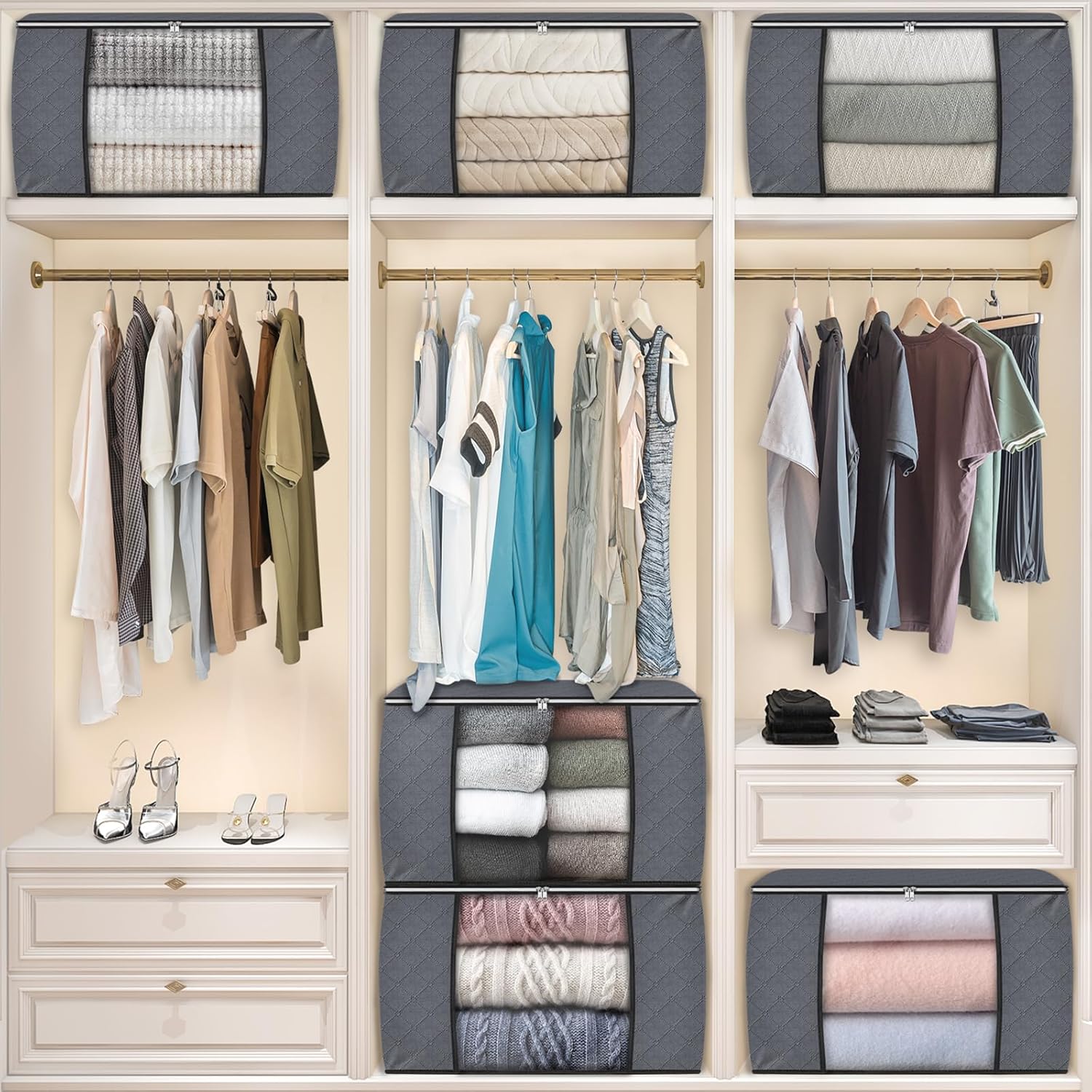 Fab totes 24 Gallons Clothes Storage, Foldable Thick Fabric Blanket Storage Bags, Containers for Organizing Bedroom, Closet, Clothing, Comforter, Organization with Handle (4 Pack,Grey)