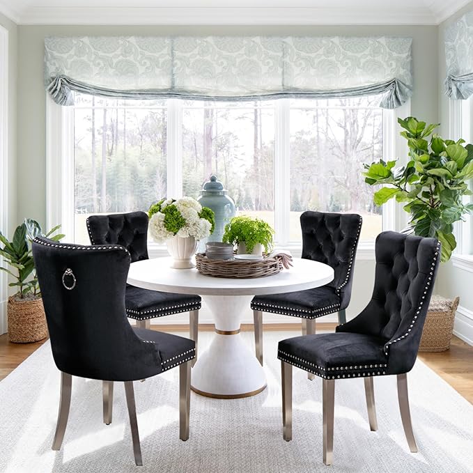 Velvet Upholstered Dining Chairs Set of 4, Modern Style Kitchen Side Chairs with Nailhead Trim and Silver Plated Leg, Metal Pulling Ring for Dining Room Living Room(Black, Set of 4)