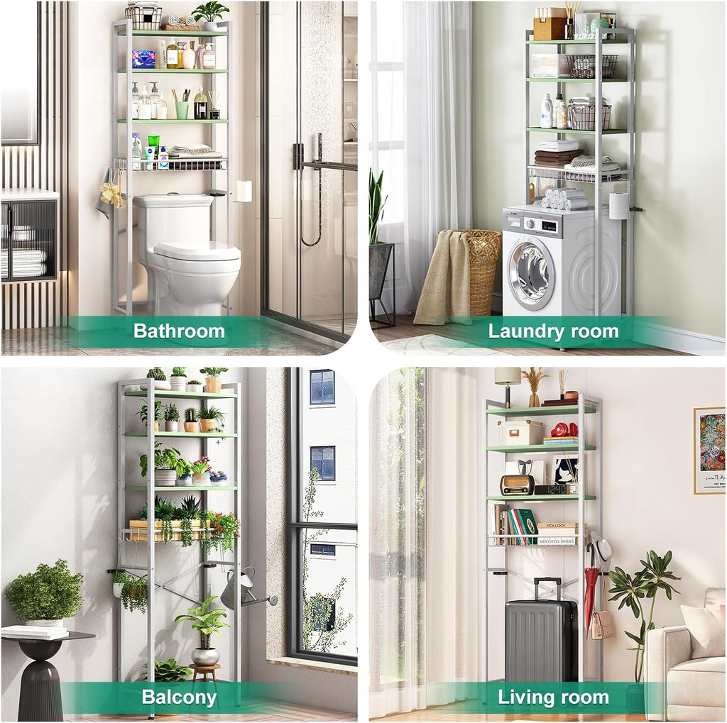 Over-The-Toilet Storage Rack, 4-Tier Bathroom Organizer Shelf Over Toilet with Adjustable Shelf and Basket, Freestanding Space Saver Bathroom Shelves Above Toilet for Room (Avocado Green)