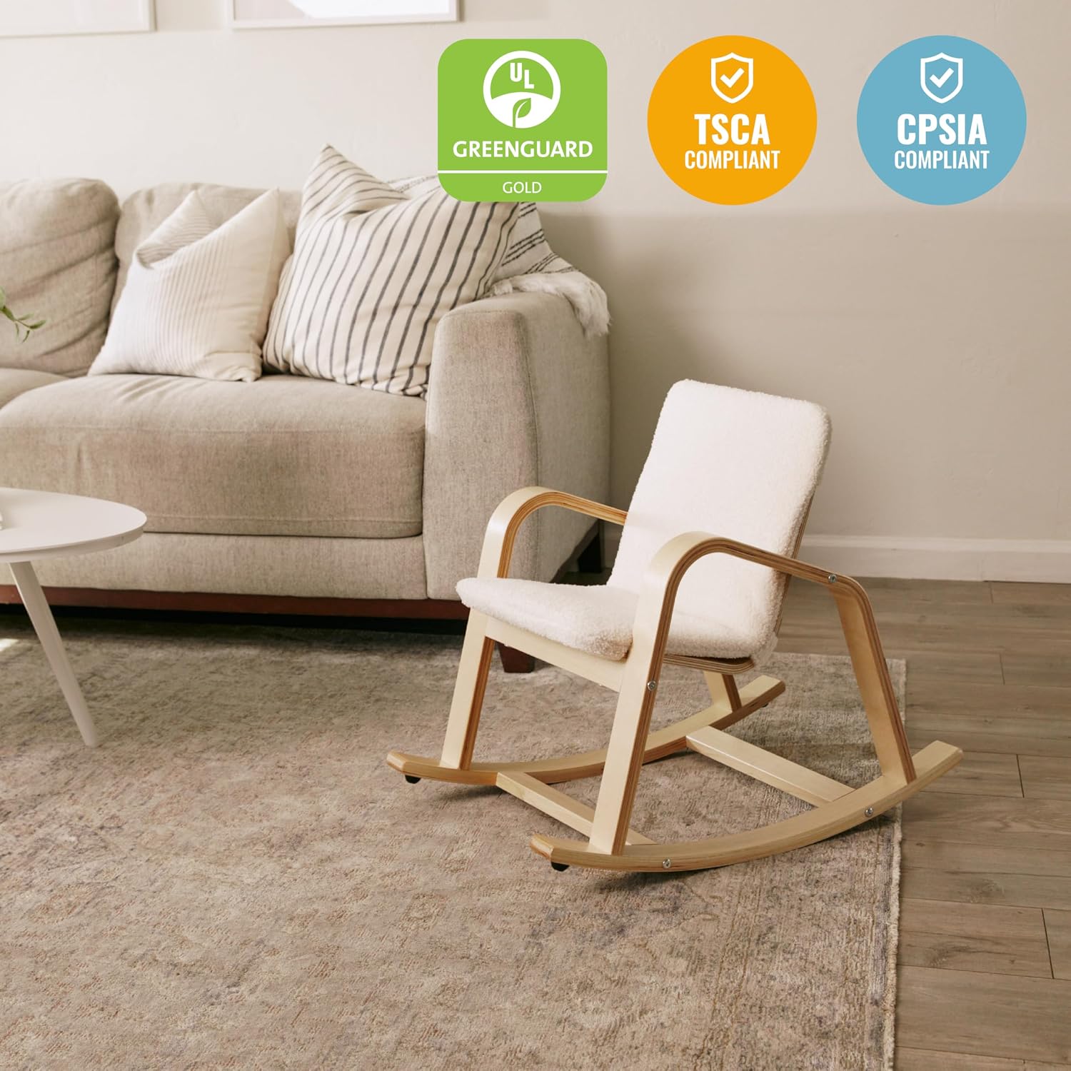 ECR4Kids Bentwood Rocking Chair with Armrests and Cushion, Natural | Durable birch, GREENGUARD Gold Certified, 2-5 years, 74 lb capacity, Montessori seating, plush sherpa cushion, classroom/home