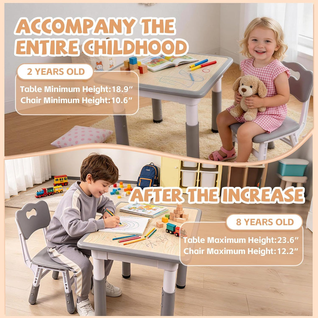 Pterying Kids Table and Chairs Set - 23.6" L x 23.6" W Height Adjustable Toddler Desk, Non-Slip Toddler Table with Graffiti Desktop for Ages 2-8, for Home Preschool Classroom Daycare, Grey