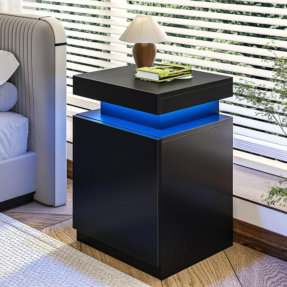 MXV Nightstand with LED Lights & Charging Station, Black Bedside Tables w...