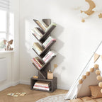 Hoctieon 6 Tier Tree Bookshelf, Tall Bookcase with Drawer, Freestanding Book Shelf, Display Floor Standing Storage Shelf, Book Organizer Shelves for Home Office, Living Room, Bedroom, Grey