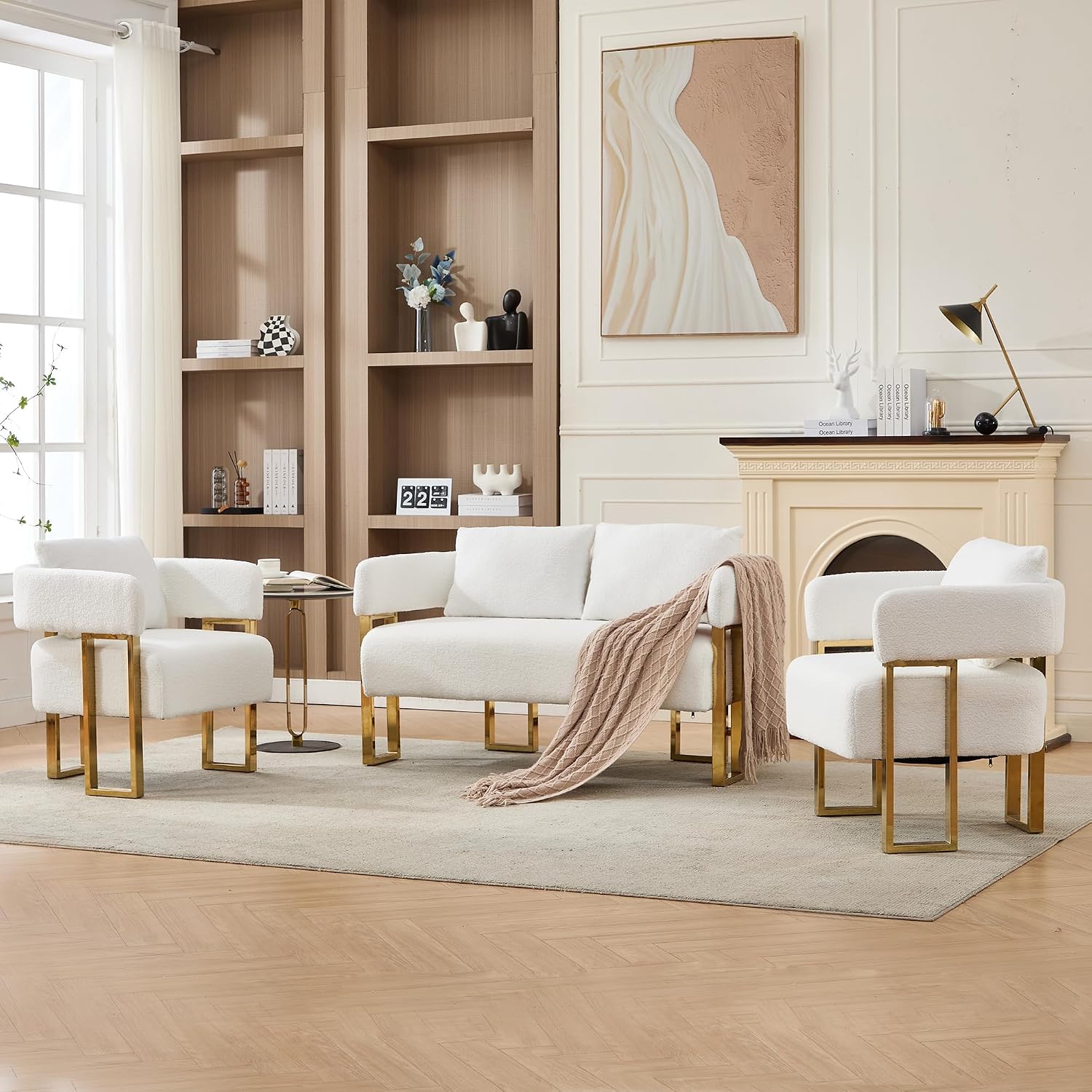 Loveseat Sofa and 2 Modern Accent Chairs no Wheels, Living Room Side Chairs with Golden Metal Legs, Barrel Soft TeddyUpholstered Reading Armchairs for OfficeStudyReception RoomBedroomLounge,White