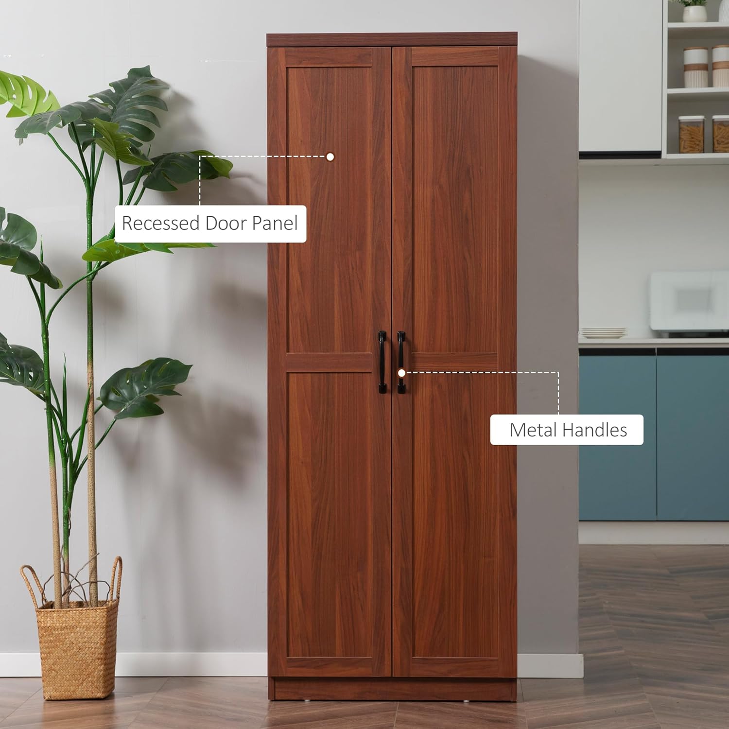 23.5" D*15.8" W*63" H Freestanding Kitchen Pantry with 4 Shelves, Double Door, Traditional, Rectangular Storage Cabinet, Easy Assembly, for Living Room, Dining Room, Brown